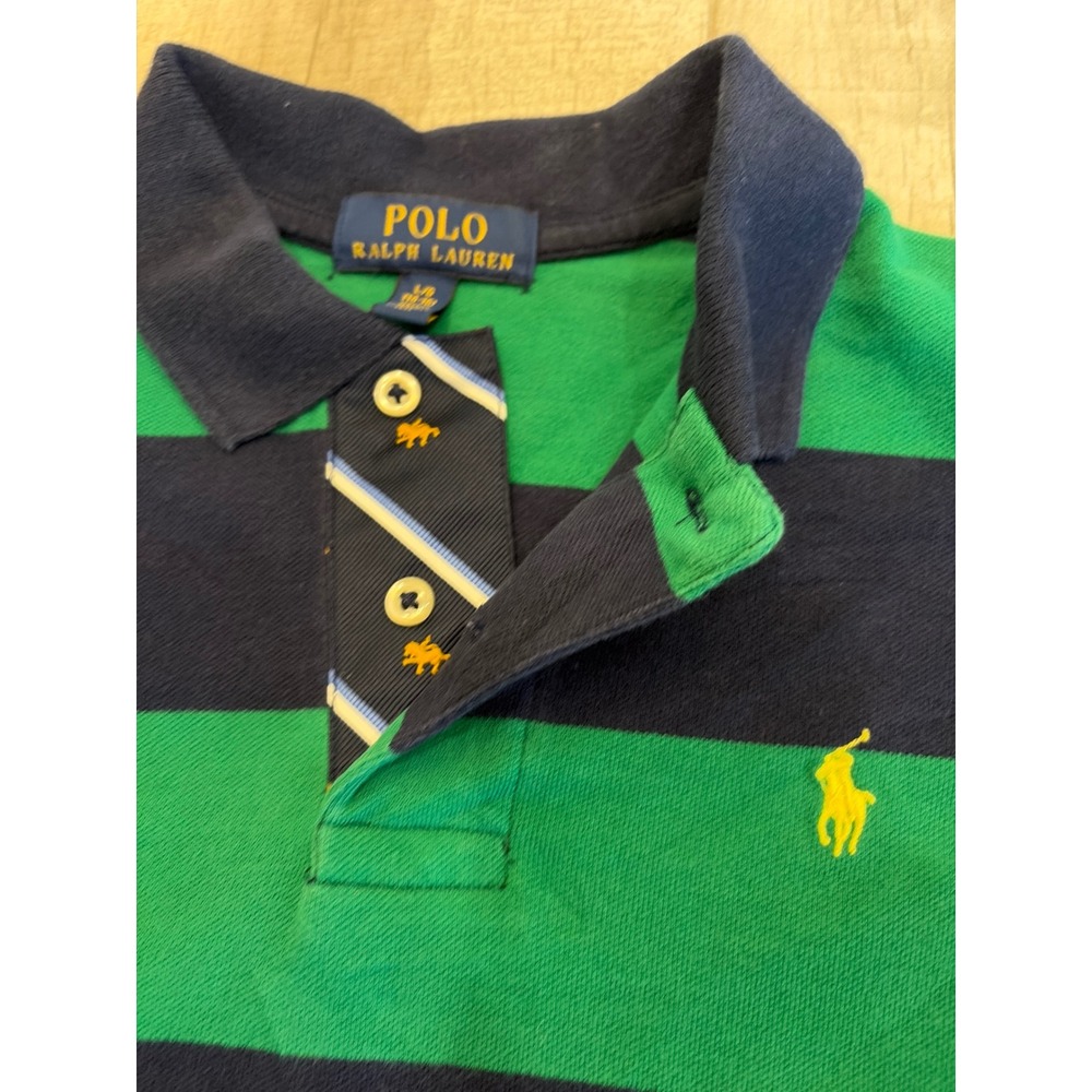 Polo Ralph Lauren Boys Green Navy Blue Striped Short Sleeve Polo Shirt L 14-16